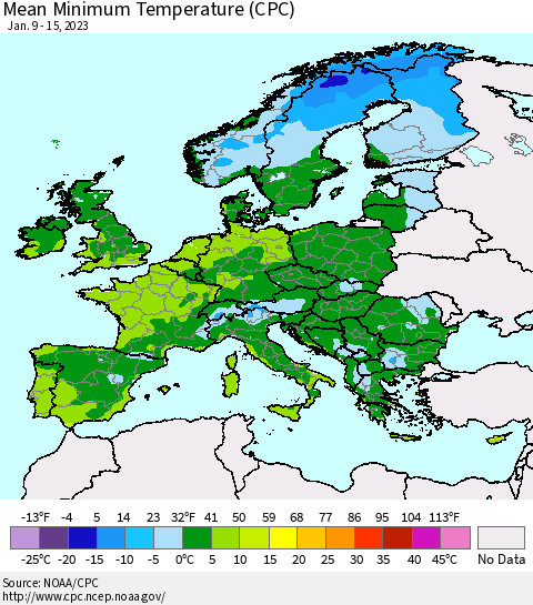 Europe Mean Minimum Temperature (CPC) Thematic Map For 1/9/2023 - 1/15/2023