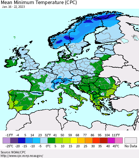 Europe Mean Minimum Temperature (CPC) Thematic Map For 1/16/2023 - 1/22/2023