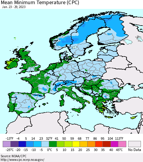 Europe Mean Minimum Temperature (CPC) Thematic Map For 1/23/2023 - 1/29/2023
