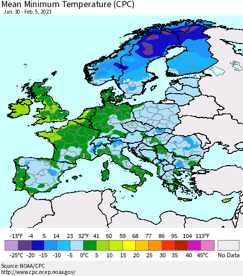 Europe Mean Minimum Temperature (CPC) Thematic Map For 1/30/2023 - 2/5/2023