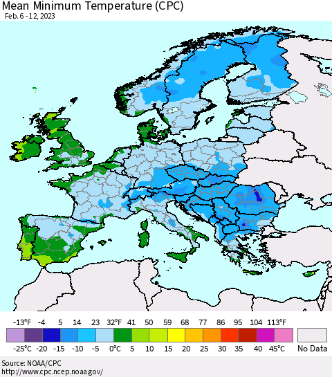 Europe Mean Minimum Temperature (CPC) Thematic Map For 2/6/2023 - 2/12/2023