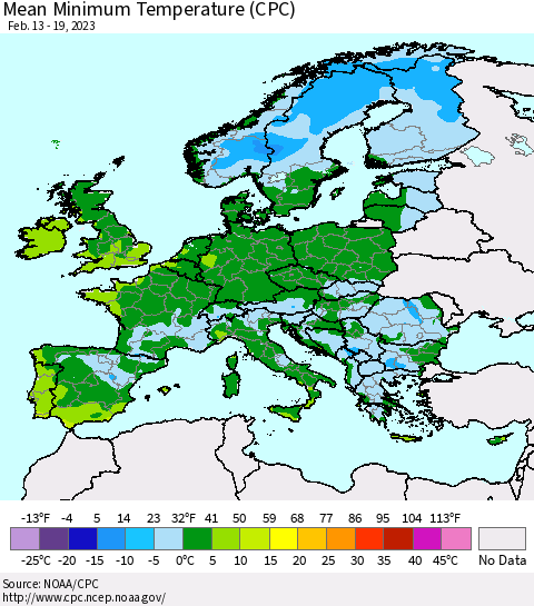 Europe Mean Minimum Temperature (CPC) Thematic Map For 2/13/2023 - 2/19/2023