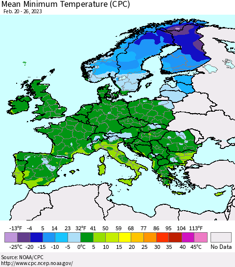 Europe Mean Minimum Temperature (CPC) Thematic Map For 2/20/2023 - 2/26/2023