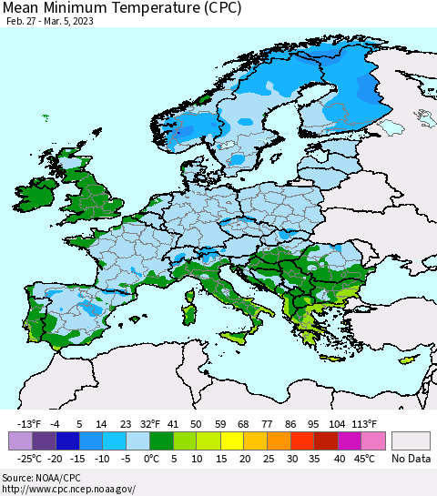 Europe Mean Minimum Temperature (CPC) Thematic Map For 2/27/2023 - 3/5/2023