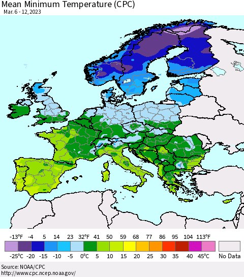 Europe Mean Minimum Temperature (CPC) Thematic Map For 3/6/2023 - 3/12/2023