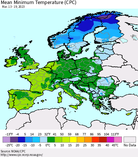 Europe Mean Minimum Temperature (CPC) Thematic Map For 3/13/2023 - 3/19/2023
