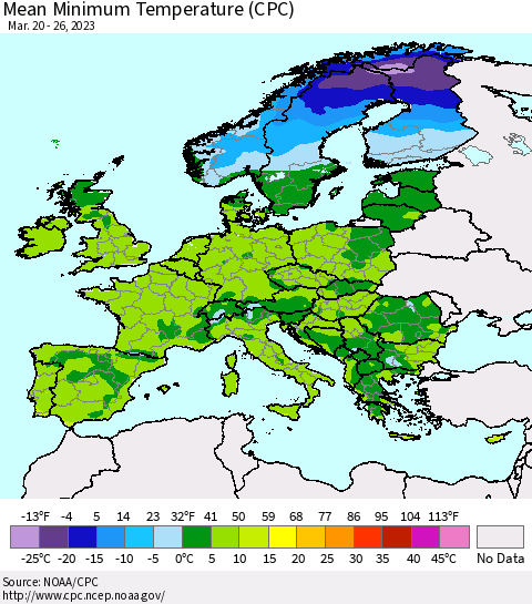 Europe Mean Minimum Temperature (CPC) Thematic Map For 3/20/2023 - 3/26/2023