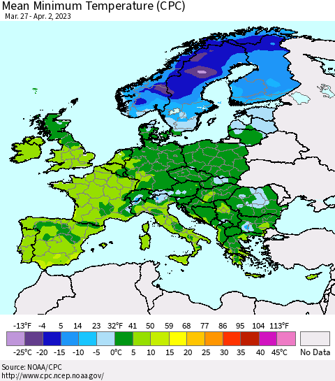 Europe Mean Minimum Temperature (CPC) Thematic Map For 3/27/2023 - 4/2/2023