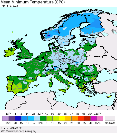 Europe Mean Minimum Temperature (CPC) Thematic Map For 4/3/2023 - 4/9/2023