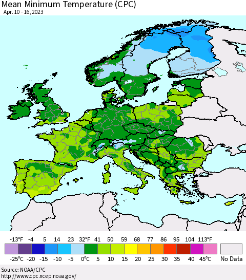 Europe Mean Minimum Temperature (CPC) Thematic Map For 4/10/2023 - 4/16/2023