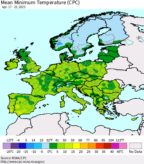 Europe Mean Minimum Temperature (CPC) Thematic Map For 4/17/2023 - 4/23/2023