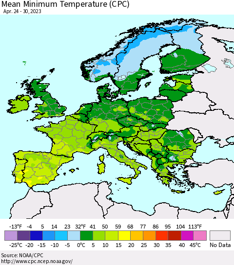 Europe Mean Minimum Temperature (CPC) Thematic Map For 4/24/2023 - 4/30/2023