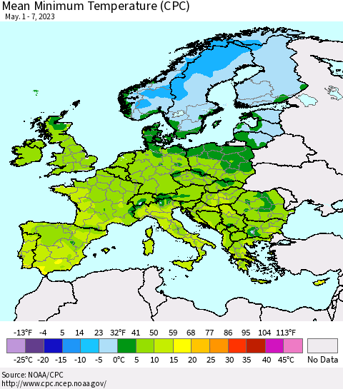 Europe Mean Minimum Temperature (CPC) Thematic Map For 5/1/2023 - 5/7/2023