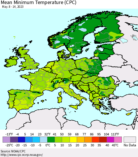 Europe Mean Minimum Temperature (CPC) Thematic Map For 5/8/2023 - 5/14/2023