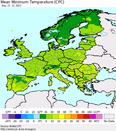 Europe Mean Minimum Temperature (CPC) Thematic Map For 5/15/2023 - 5/21/2023