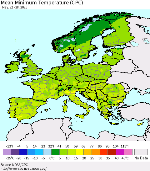 Europe Mean Minimum Temperature (CPC) Thematic Map For 5/22/2023 - 5/28/2023