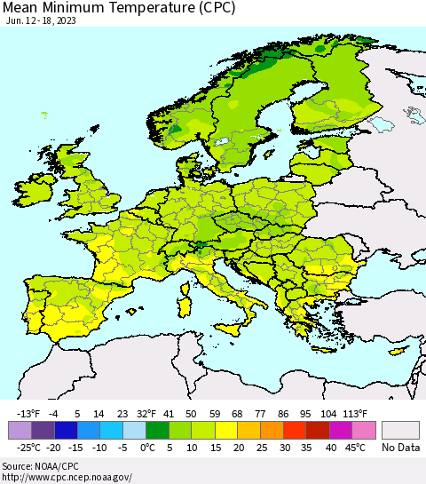 Europe Mean Minimum Temperature (CPC) Thematic Map For 6/12/2023 - 6/18/2023