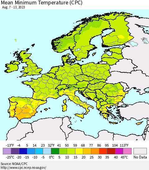 Europe Mean Minimum Temperature (CPC) Thematic Map For 8/7/2023 - 8/13/2023