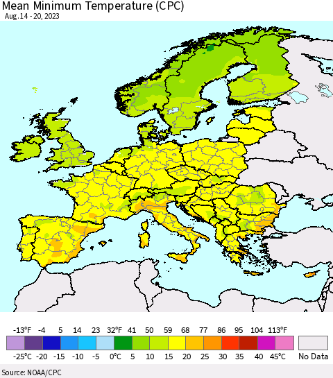 Europe Mean Minimum Temperature (CPC) Thematic Map For 8/14/2023 - 8/20/2023