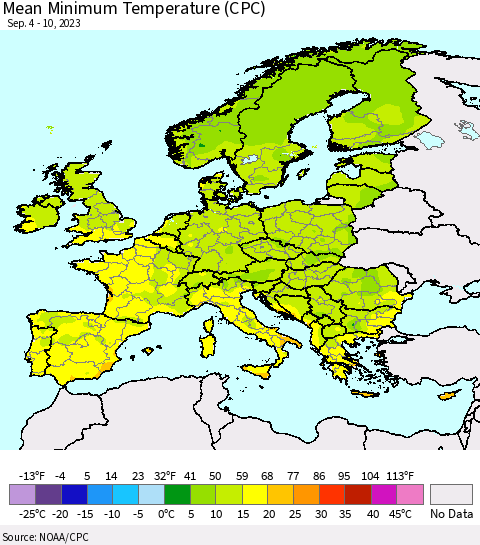 Europe Mean Minimum Temperature (CPC) Thematic Map For 9/4/2023 - 9/10/2023