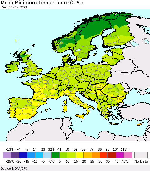 Europe Mean Minimum Temperature (CPC) Thematic Map For 9/11/2023 - 9/17/2023