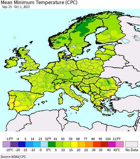 Europe Mean Minimum Temperature (CPC) Thematic Map For 9/25/2023 - 10/1/2023