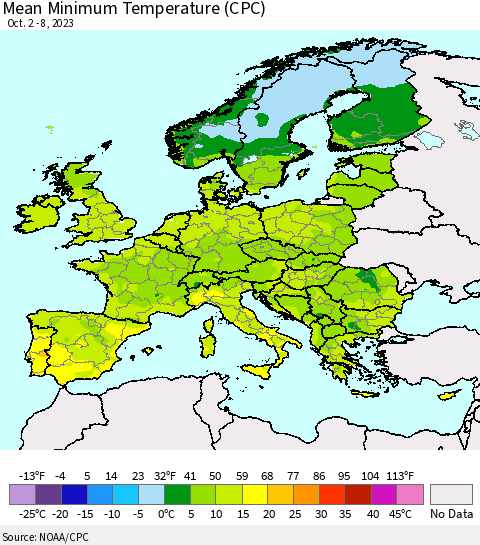 Europe Mean Minimum Temperature (CPC) Thematic Map For 10/2/2023 - 10/8/2023
