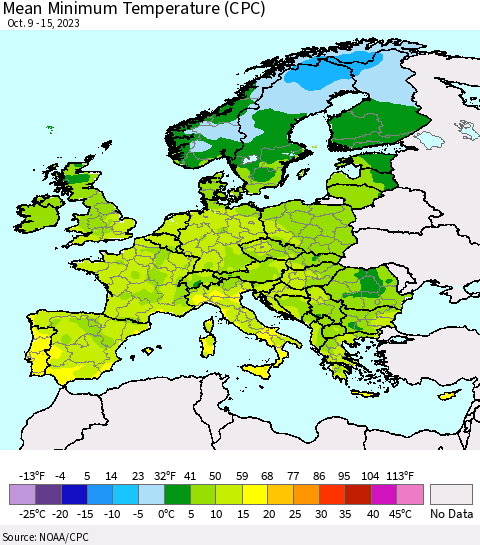 Europe Mean Minimum Temperature (CPC) Thematic Map For 10/9/2023 - 10/15/2023