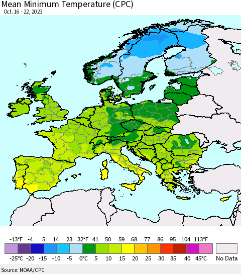 Europe Mean Minimum Temperature (CPC) Thematic Map For 10/16/2023 - 10/22/2023