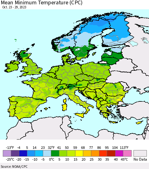 Europe Mean Minimum Temperature (CPC) Thematic Map For 10/23/2023 - 10/29/2023