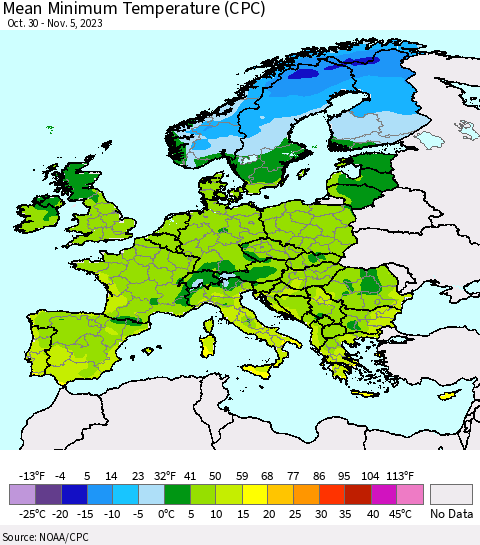 Europe Mean Minimum Temperature (CPC) Thematic Map For 10/30/2023 - 11/5/2023