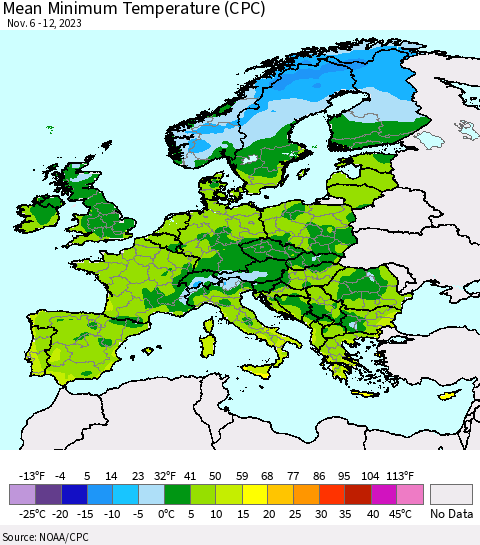 Europe Mean Minimum Temperature (CPC) Thematic Map For 11/6/2023 - 11/12/2023