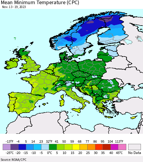 Europe Mean Minimum Temperature (CPC) Thematic Map For 11/13/2023 - 11/19/2023