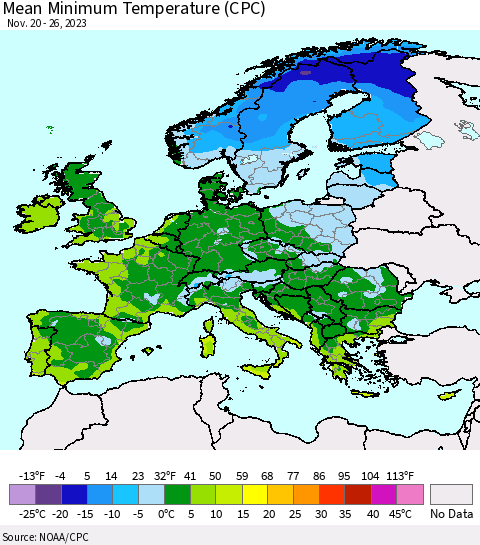 Europe Mean Minimum Temperature (CPC) Thematic Map For 11/20/2023 - 11/26/2023