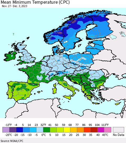Europe Mean Minimum Temperature (CPC) Thematic Map For 11/27/2023 - 12/3/2023