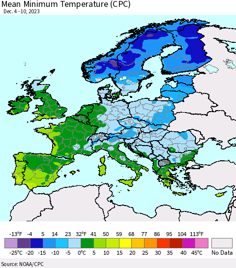 Europe Mean Minimum Temperature (CPC) Thematic Map For 12/4/2023 - 12/10/2023