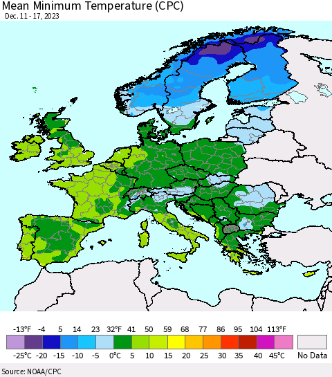 Europe Mean Minimum Temperature (CPC) Thematic Map For 12/11/2023 - 12/17/2023