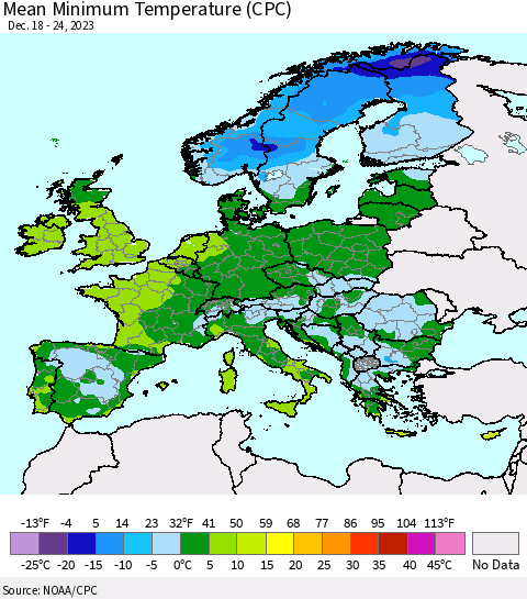 Europe Mean Minimum Temperature (CPC) Thematic Map For 12/18/2023 - 12/24/2023