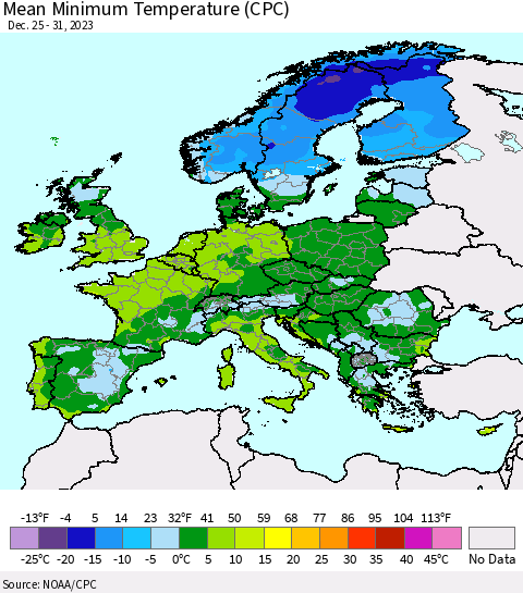 Europe Mean Minimum Temperature (CPC) Thematic Map For 12/25/2023 - 12/31/2023
