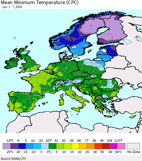 Europe Mean Minimum Temperature (CPC) Thematic Map For 1/1/2024 - 1/7/2024