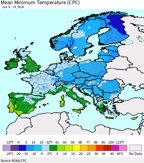 Europe Mean Minimum Temperature (CPC) Thematic Map For 1/8/2024 - 1/14/2024