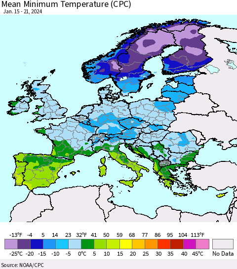 Europe Mean Minimum Temperature (CPC) Thematic Map For 1/15/2024 - 1/21/2024