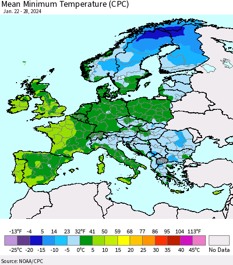 Europe Mean Minimum Temperature (CPC) Thematic Map For 1/22/2024 - 1/28/2024