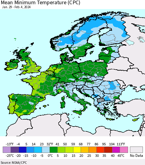Europe Mean Minimum Temperature (CPC) Thematic Map For 1/29/2024 - 2/4/2024