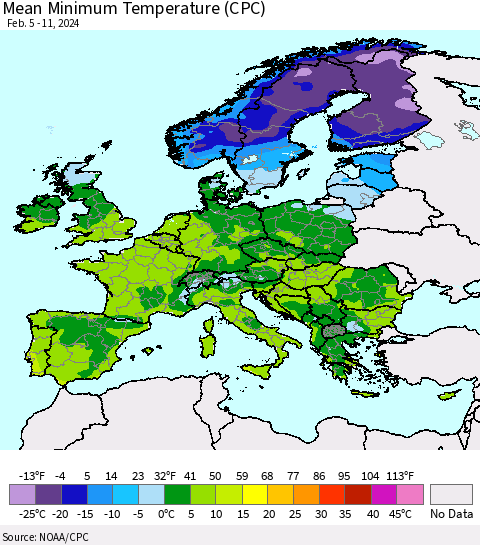 Europe Mean Minimum Temperature (CPC) Thematic Map For 2/5/2024 - 2/11/2024