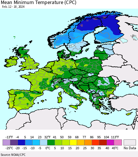Europe Mean Minimum Temperature (CPC) Thematic Map For 2/12/2024 - 2/18/2024