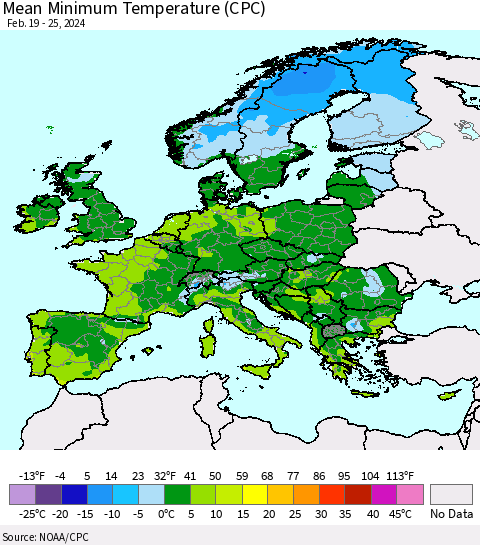 Europe Mean Minimum Temperature (CPC) Thematic Map For 2/19/2024 - 2/25/2024