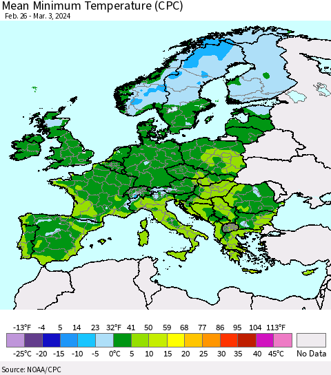 Europe Mean Minimum Temperature (CPC) Thematic Map For 2/26/2024 - 3/3/2024