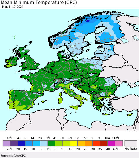 Europe Mean Minimum Temperature (CPC) Thematic Map For 3/4/2024 - 3/10/2024