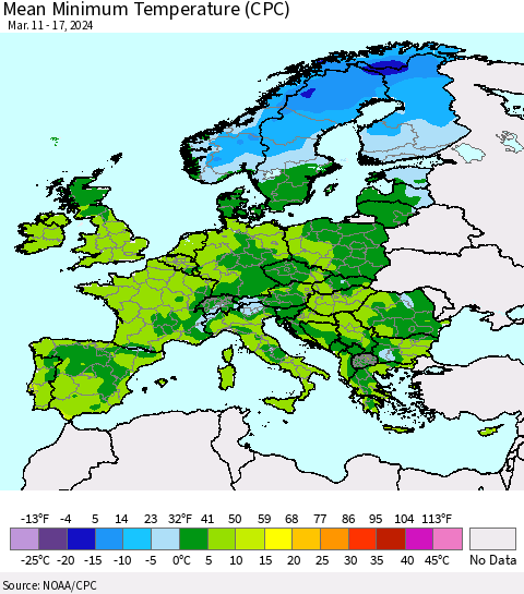 Europe Mean Minimum Temperature (CPC) Thematic Map For 3/11/2024 - 3/17/2024